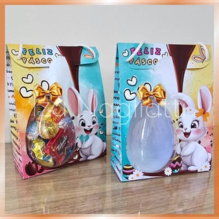 Sacolas de páscoa com visor 3D – 24x 18x 7 cm – coelho menino e menina