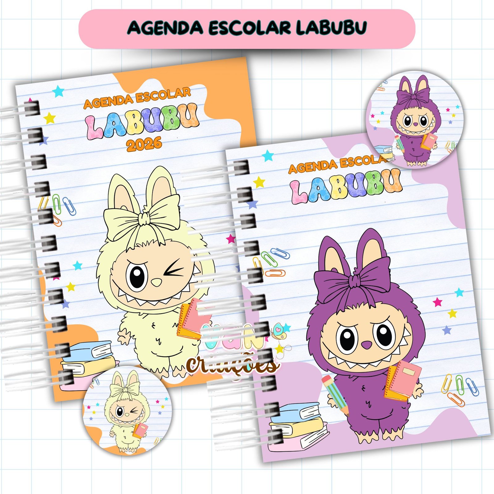 Mockup 2 Agenda Escolar Menina 2026 – Labubu - Imagem 1