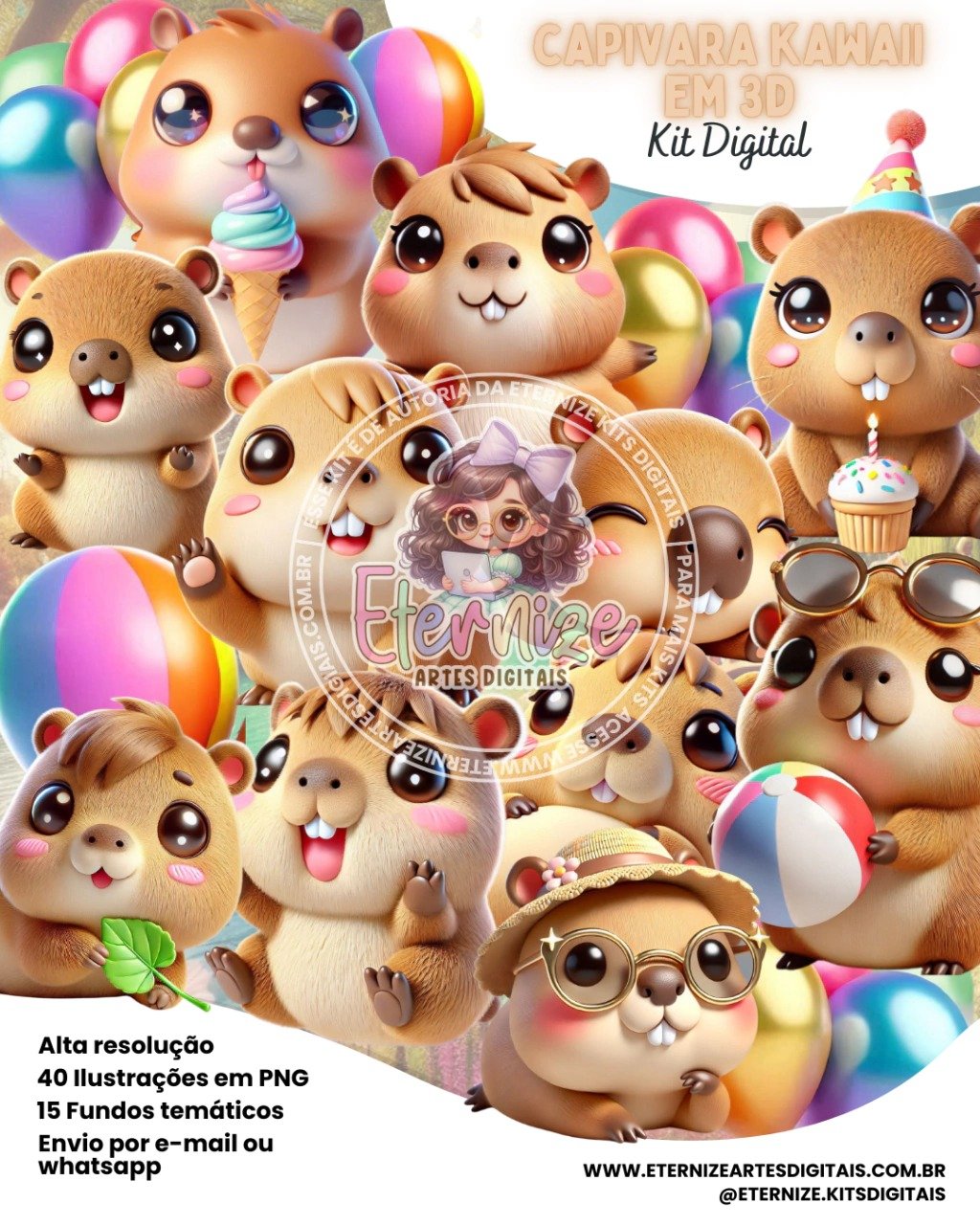 Capivara Kawaii 3D - Kit Digital Capivara Kawaii 3D - Kit Digital - Imagem 1