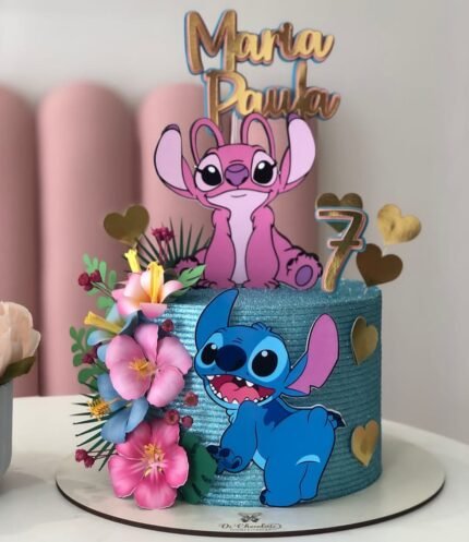 Stitch e Angel Flores Realistas Hibisco - Topo de Bolo