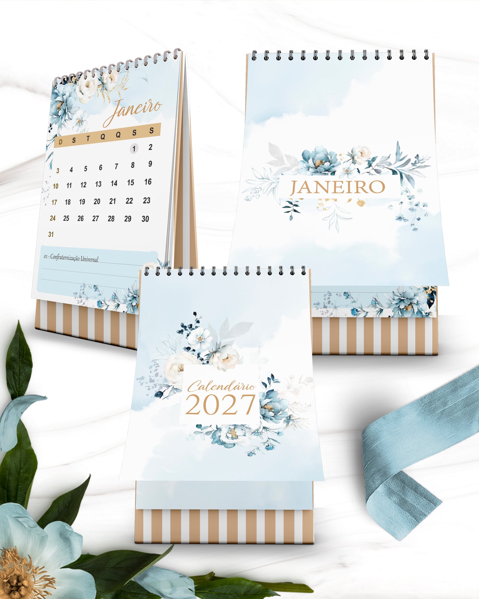 Arquivo Kit Calendários 2027 Coleção Floral Azul (Bicho Papel) - Imagem 2