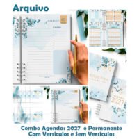 ARQUIVO COMBO 8 Agendas 2027 e Permanente COM VERSÍCULOS e SEM VERSÍCULOS Floral Azul (Bicho Papel)