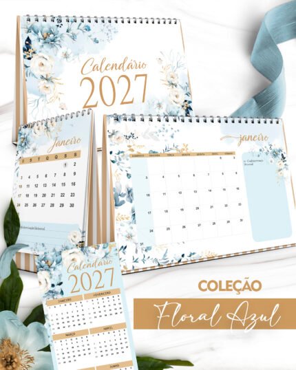 Arquivo Kit Calendários 2027 Coleção Floral Azul (Bicho Papel)