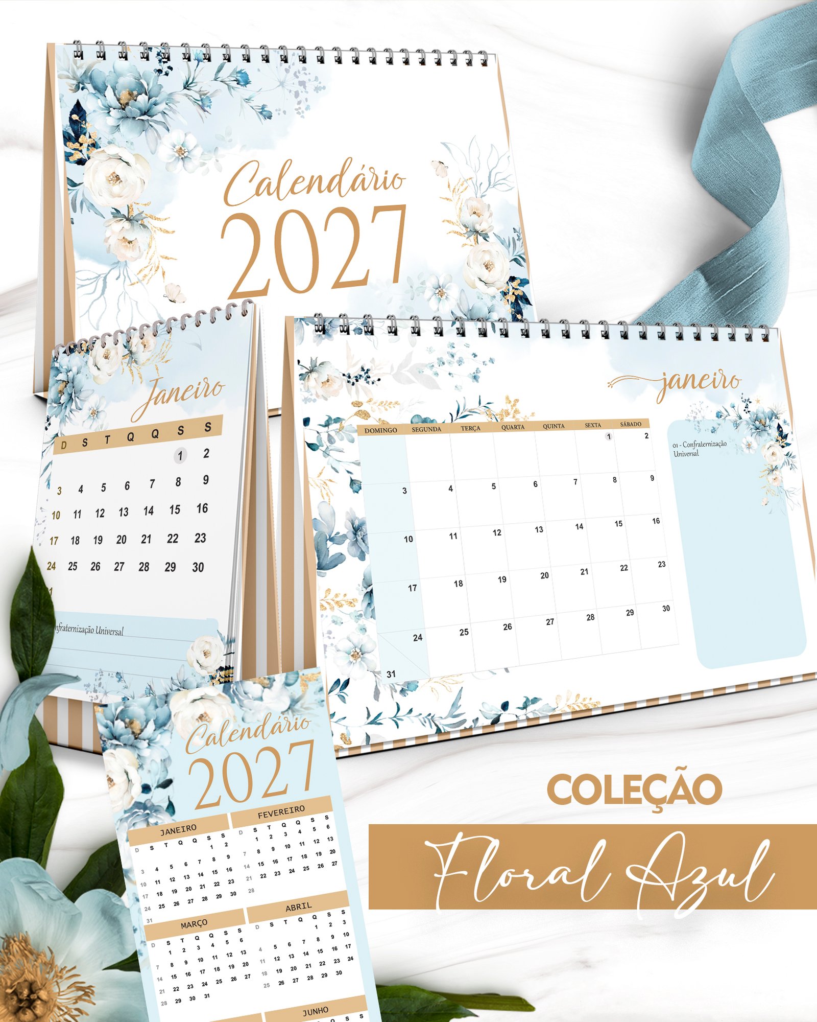 Arquivo Kit Calendários 2027 Coleção Floral Azul (Bicho Papel) - Imagem 1