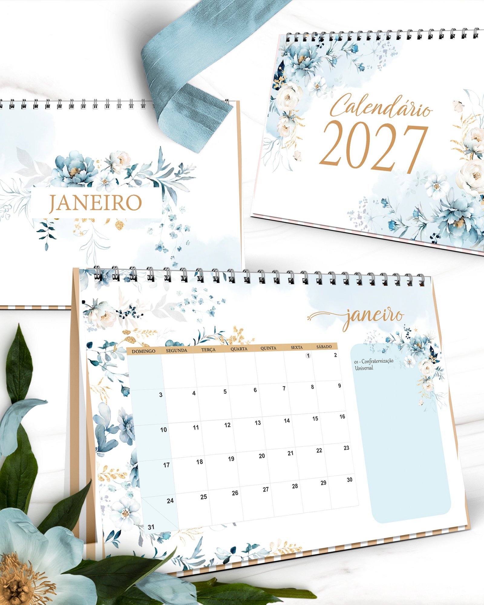Arquivo Kit Calendários 2027 Coleção Floral Azul (Bicho Papel) - Imagem 4