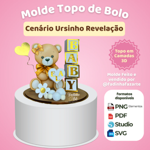 Topo de Bolo Cenário Chá Revelação Ursinho Marrom Topo de Bolo Cenário Chá Revelação Ursinho Marrom - Imagem 1