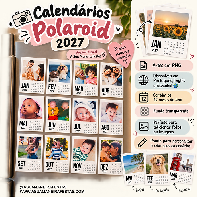 Molduras Calendário Polaroid 2027 (Português, English, Español) Molduras Calendário Polaroid 2027 (Português, English, Español) - Arquivo Digital - Imagem 1
