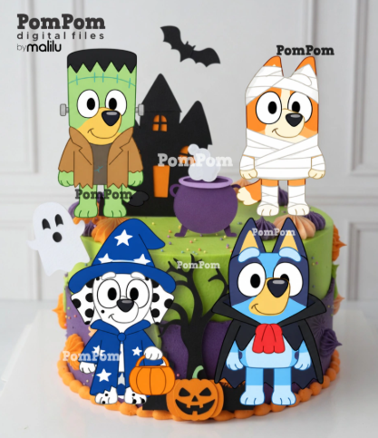 Topo de Bolo Bluey e Amigos Halloween 3D. Topo de Bolo Bluey e Amigos Halloween 3D - Imagem 1