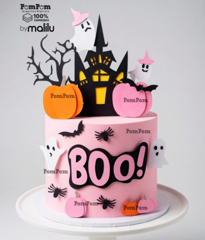 Topo de Bolo Halloween Rosa Boo Mesversário 3D (1) Topo de Bolo Halloween Rosa Boo Mesversário 3D - Imagem 1